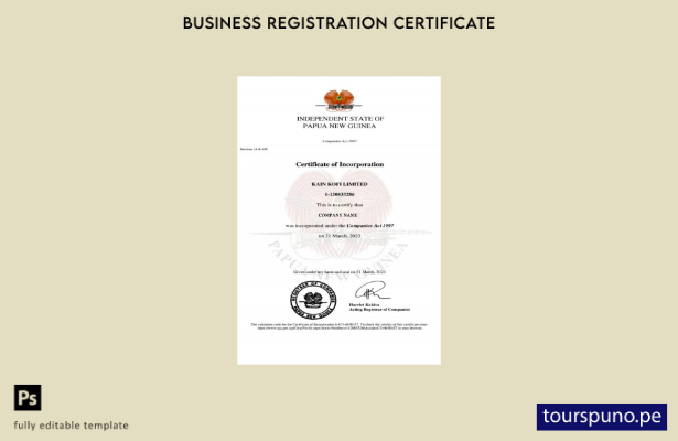 Plantilla de certificado de incorporación de Papúa Nueva Guinea lista para impri